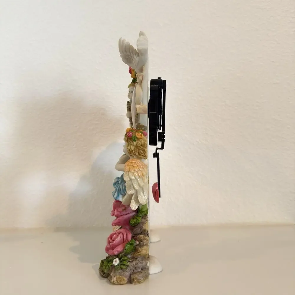 Vintage Large Cherub Angel Pendulum Quartz Clock Roses Heart 12” Decor WORKING